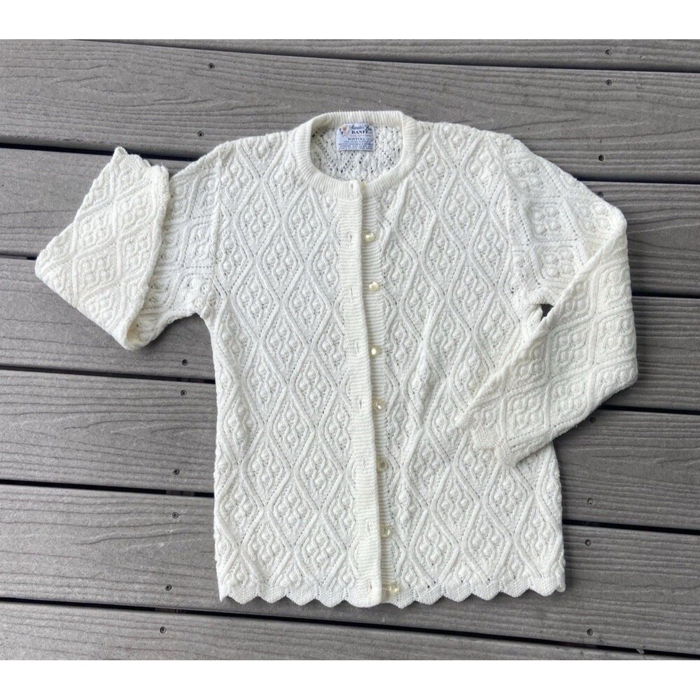 Vintage 70s Sweater Bee Banff Cardigan Womens Ivory Wintuk Acrylic Pearl Buttons